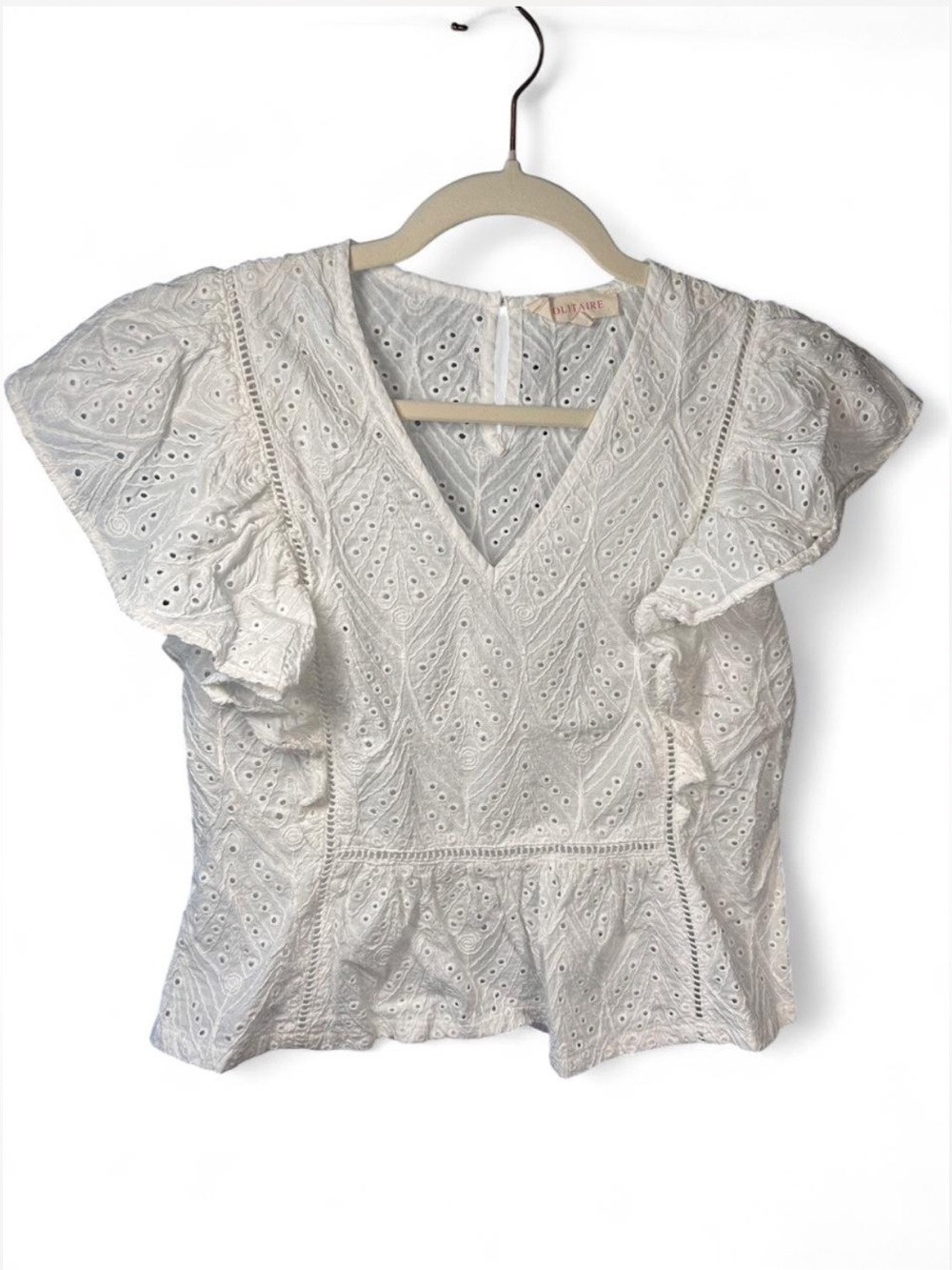 Solitaire vintage white cotton eyelet peplum blouse, flutter sleeves, Sz L